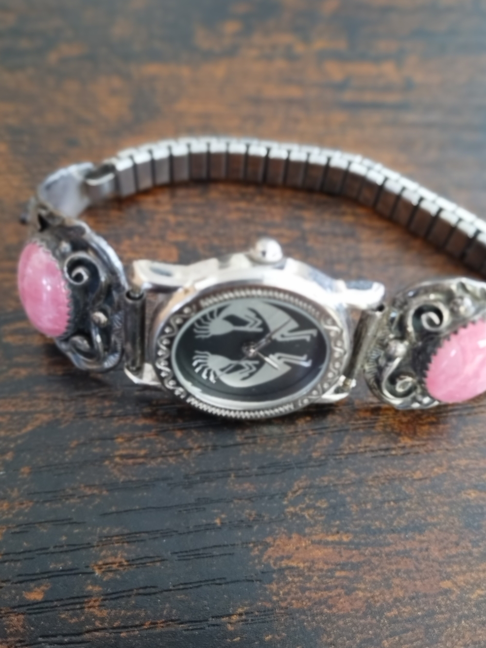 Sterling Silver Pink Stone Native-Inspired Bracelet Watch